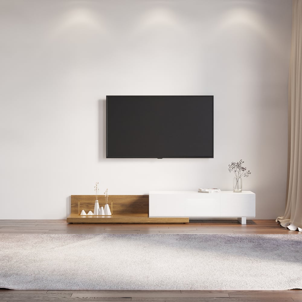 Extendable Floor White & Walnut TV Stand with 3 Drawers(47"-100") window image