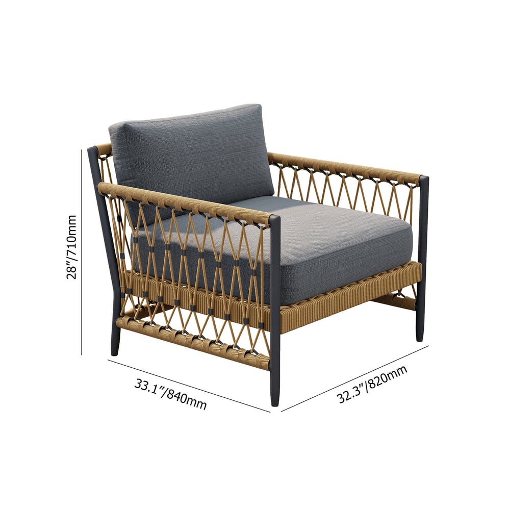 Ropipe Outdoor Armchair with Hand Woven Rope & Dark Gray Polyester Cushion weights dimensions image