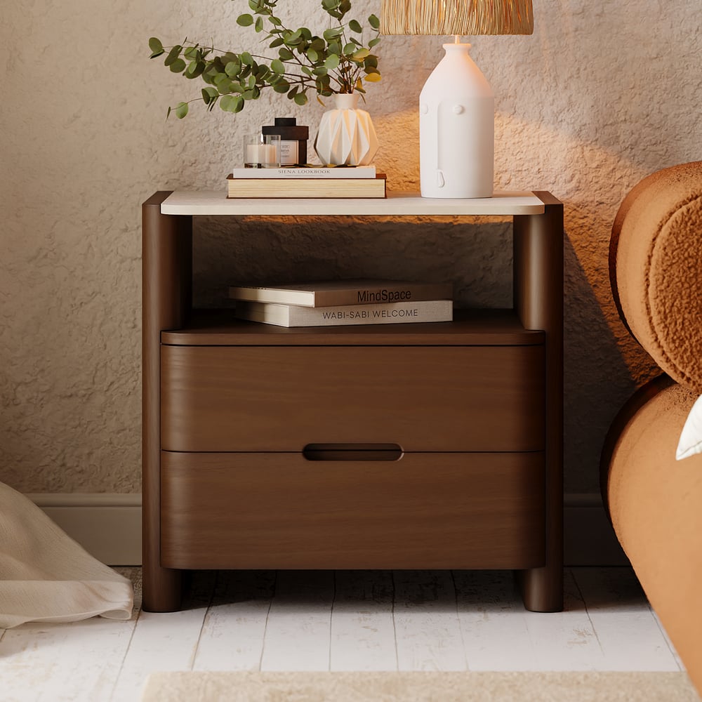 Modern Sintered Stone Top Nightstand with Drawers & Shelf window image