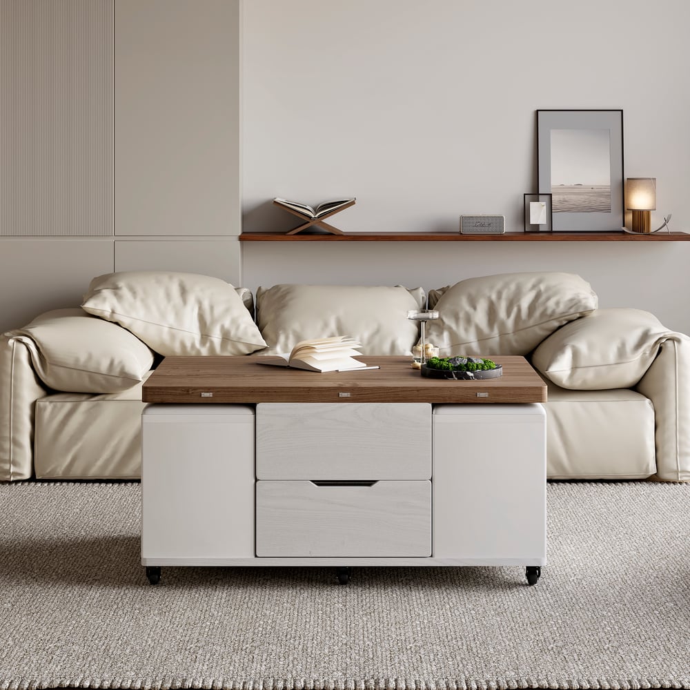 39" Lift-Top Foldable Walnut & White Coffee Table with 4 Stools & Storage window image