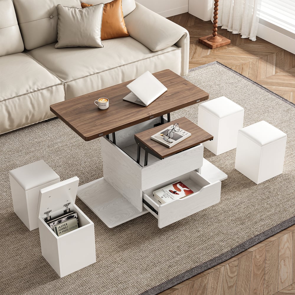39" Lift-Top Foldable Walnut & White Coffee Table with 4 Stools & Storage window image