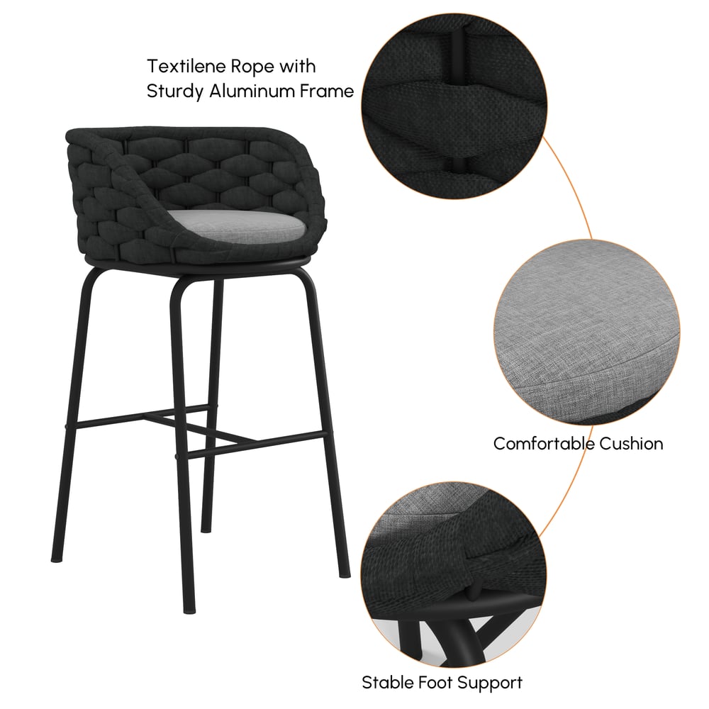 2 Pieces Outdoor Chair Patio Woven Rope & Aluminum 38" Bar Stools Set with Backs window image