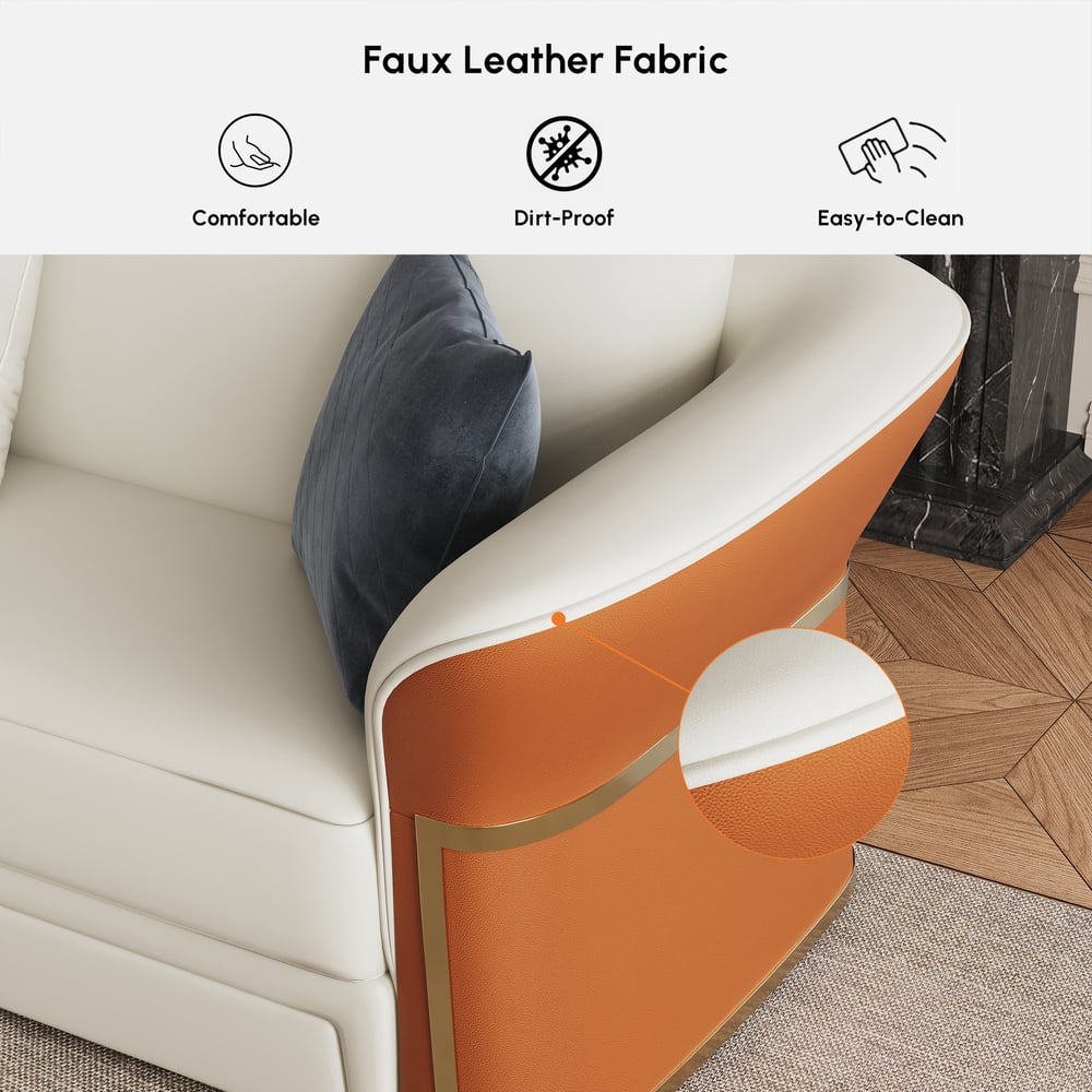 Divano da salotto moderno in pelle sintetica in bianco e arancione, set di 3 Immagine della finestra