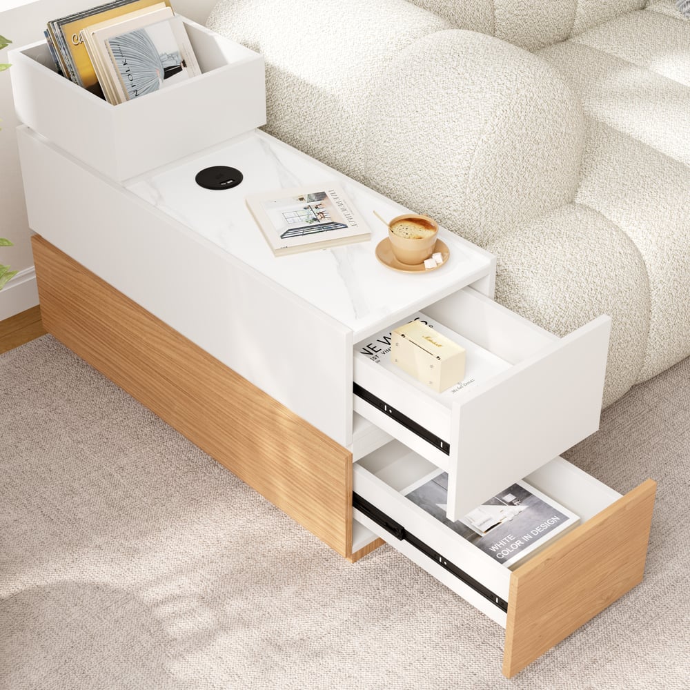 Table d'appoint intelligente étroite avec plateau en pierre frittée avec rangement image de fenêtre