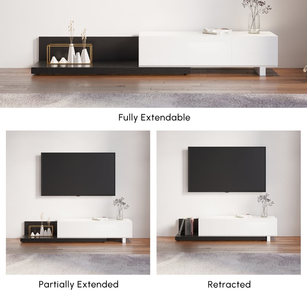 Extendable Floor White & Black TV Stand with 3 Drawers(47"-100") window image