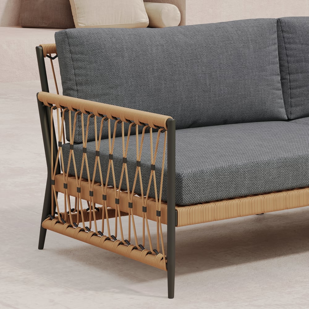 Ropipe Woven Rope Outdoor Sofa 3-Seater Sofa with Dark Gray Polyester Pillow Cushion window image