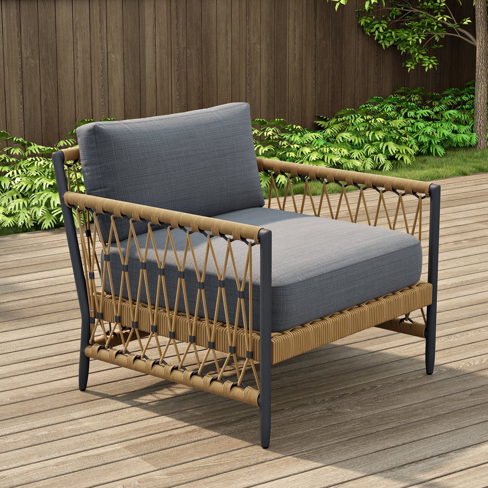 Ropipe Outdoor Armchair with Hand Woven Rope & Dark Gray Polyester Cushion window image