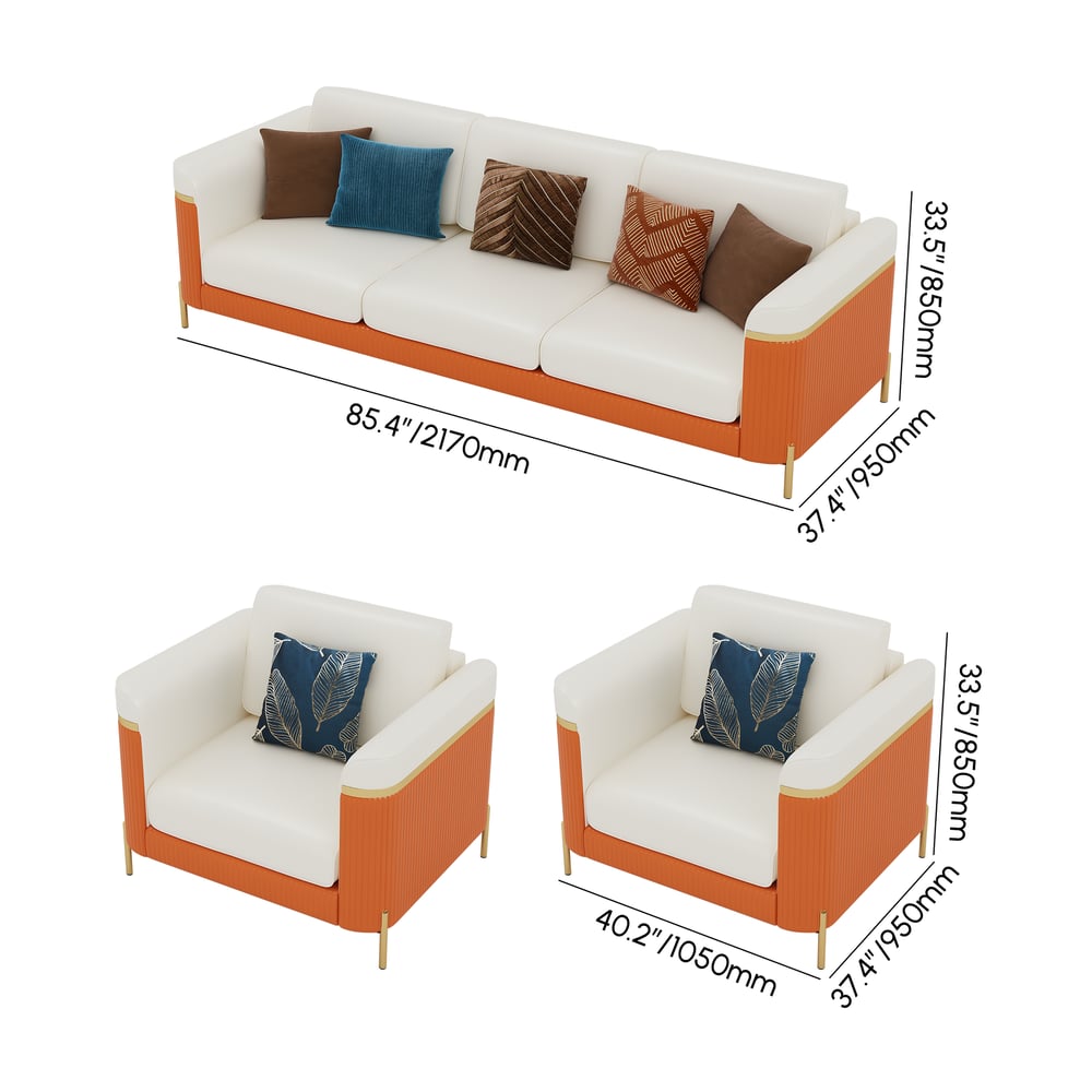 Vertex Modern Leather 3-Piece Living Room Sofa Set weights dimensions image