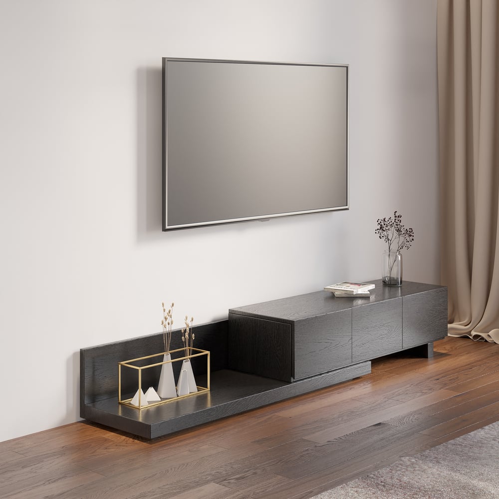Extendable Floor Black TV Stand with 3 Drawers(47"-100") window image