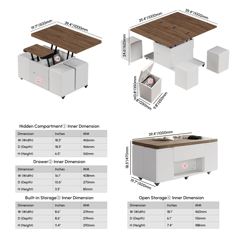 39" Lift-Top Foldable Walnut & White Coffee Table with 4 Stools & Storage weights dimensions image