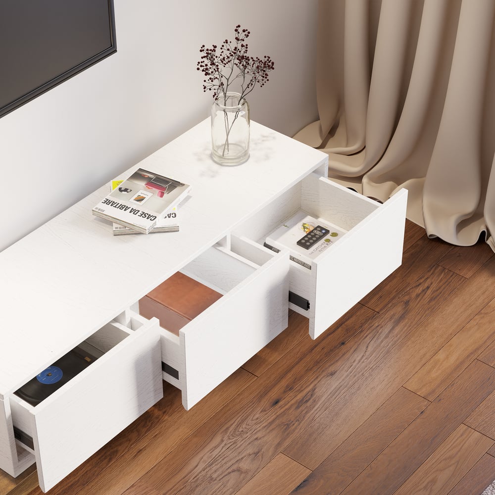 Extendable Floor White & Black TV Stand with 3 Drawers window image