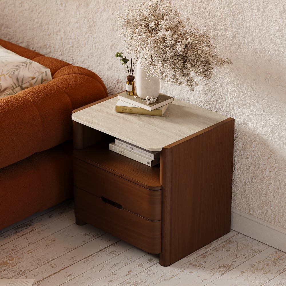 Modern Sintered Stone Top Nightstand with Drawers & Shelf window image