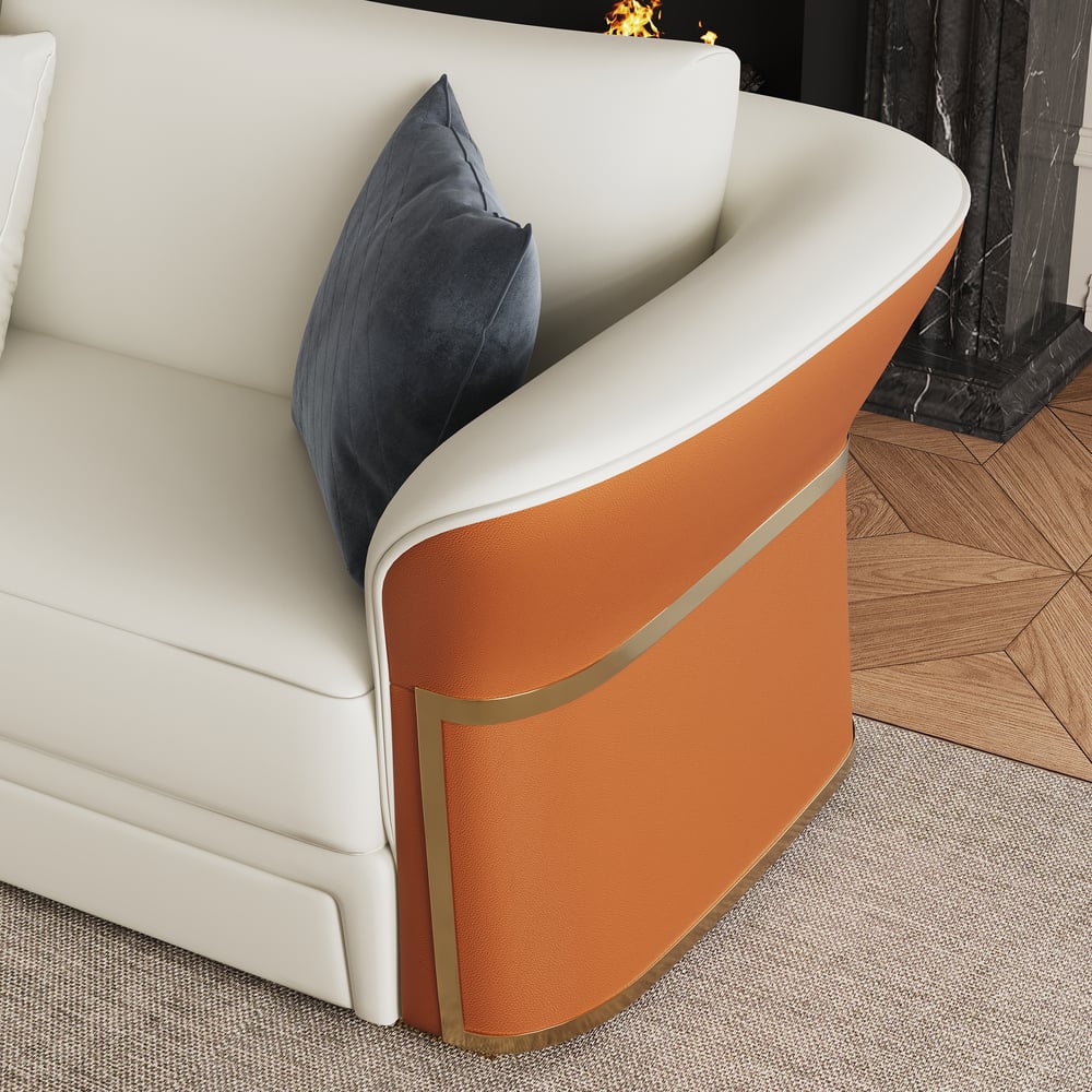 Divano da salotto moderno in pelle sintetica in bianco e arancione, set di 3 Immagine della finestra