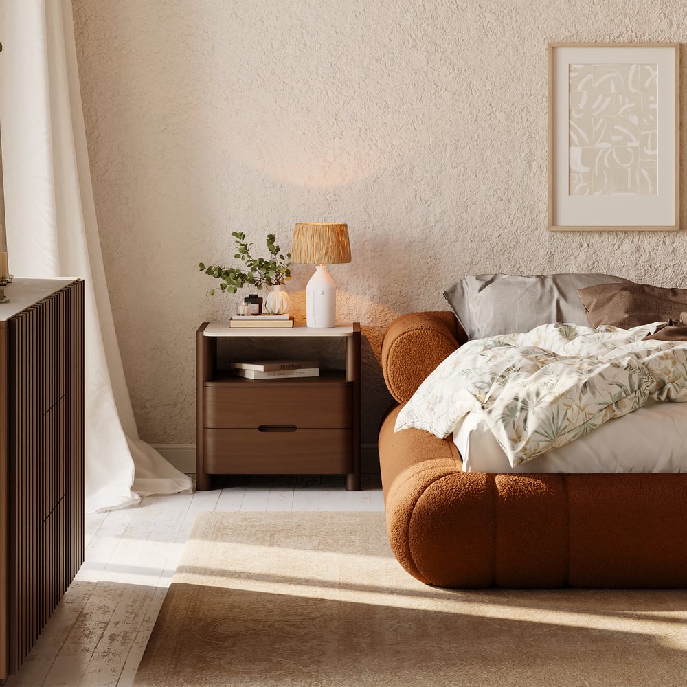 Modern Sintered Stone Top Nightstand with Drawers & Shelf window image