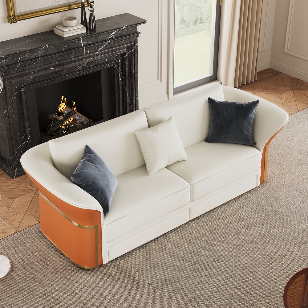 Divano da salotto moderno in pelle sintetica in bianco e arancione, set di 3 Immagine della finestra