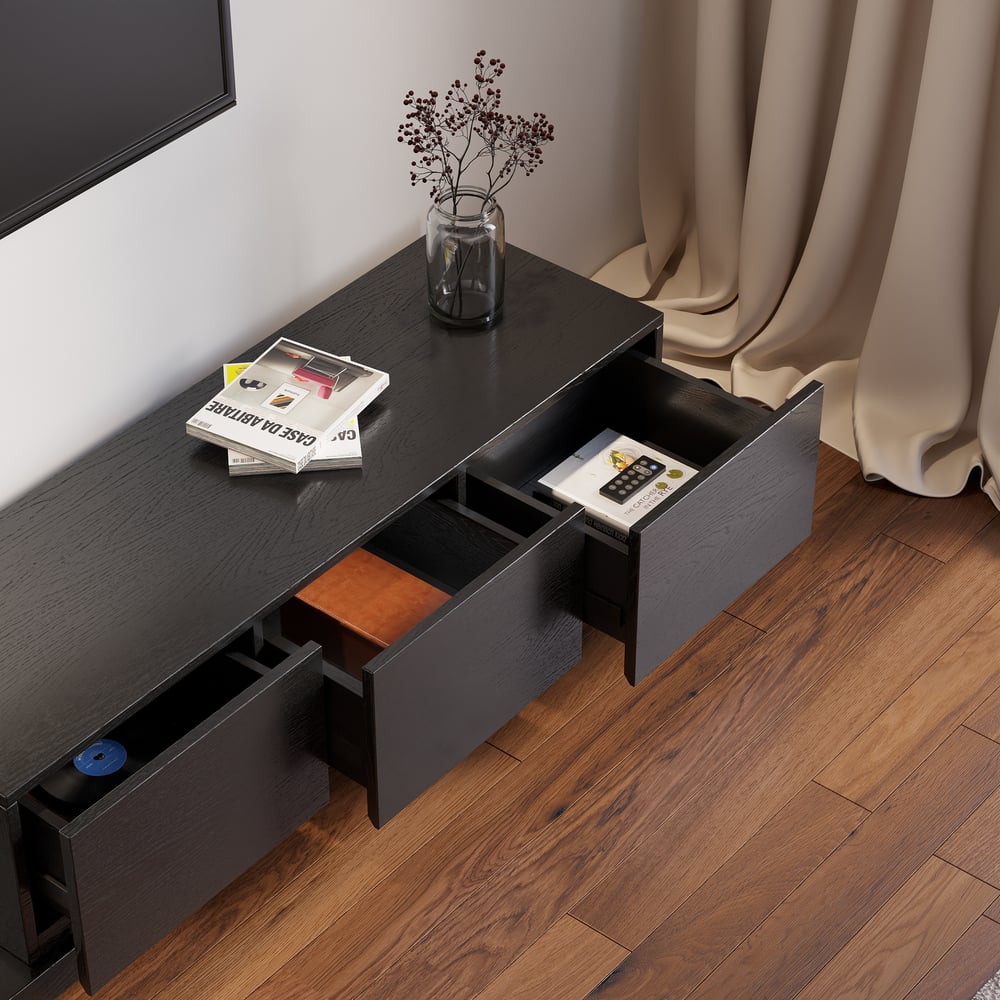 Extendable Floor Black TV Stand with 3 Drawers(47"-100") window image