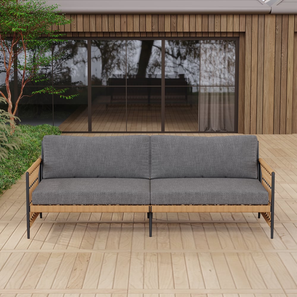Ropipe Woven Rope Outdoor Sofa 3-Seater Sofa with Dark Gray Polyester Pillow Cushion window image
