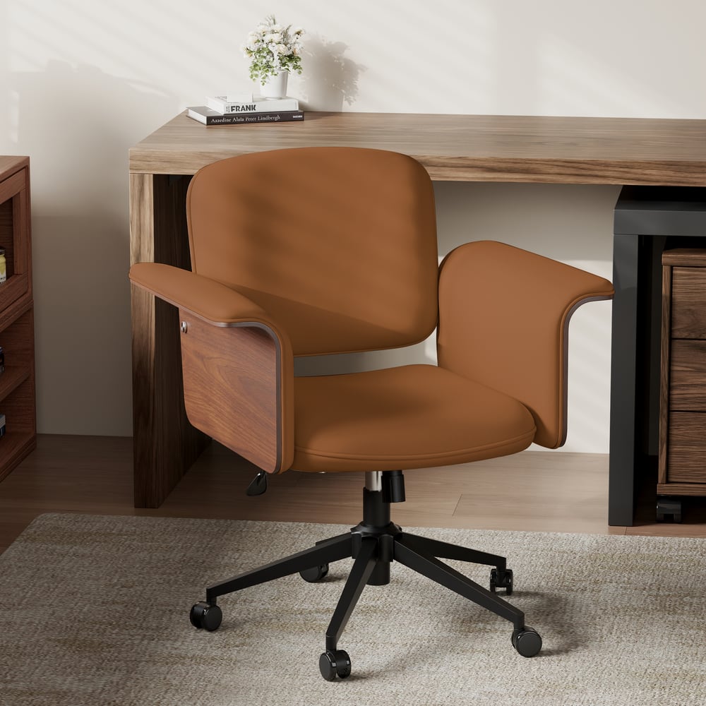 Wood & Faux Leather Office Chair - Ergonomic Adjustable Swivel (Brown) window image