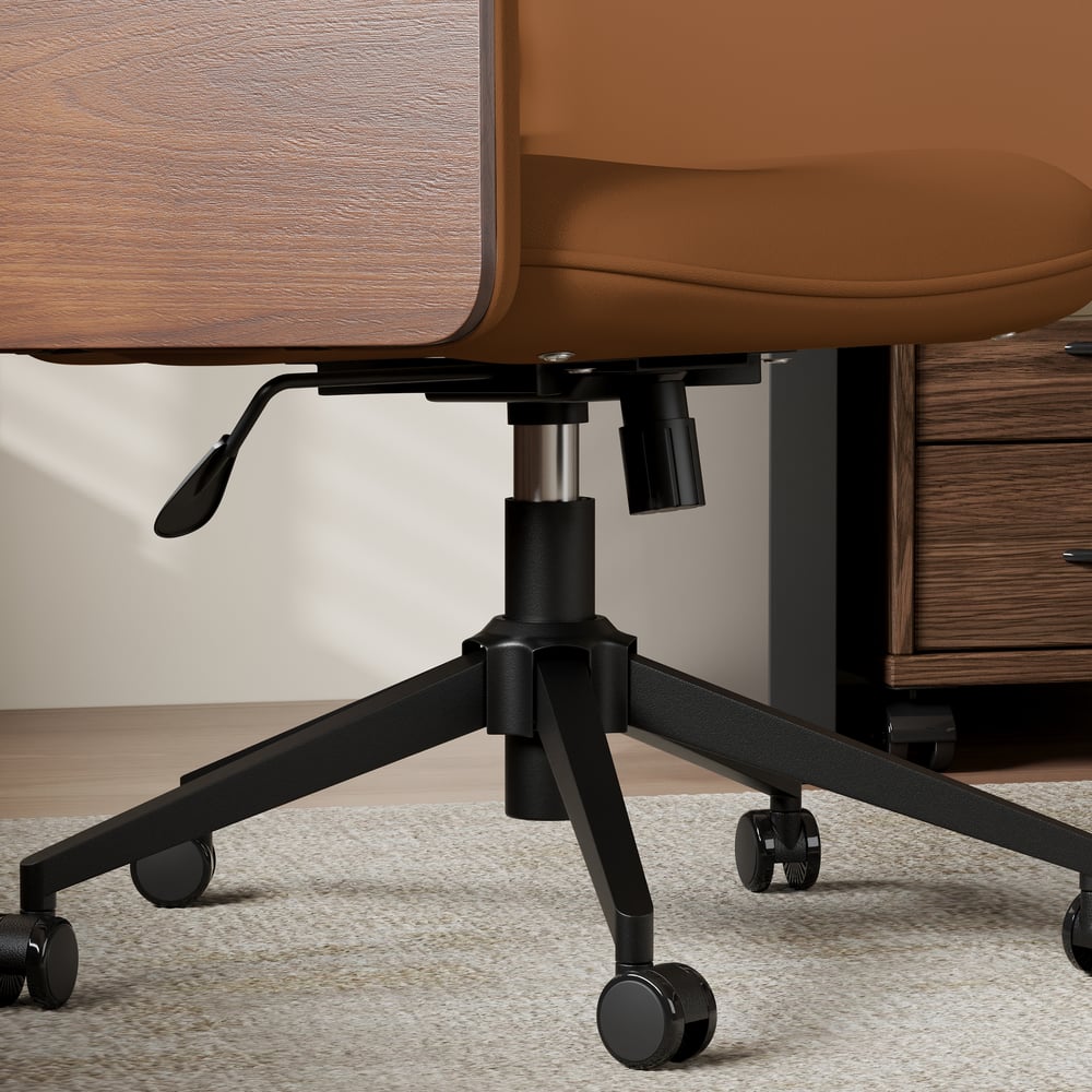 Wood & Faux Leather Office Chair - Ergonomic Adjustable Swivel (Brown) window image