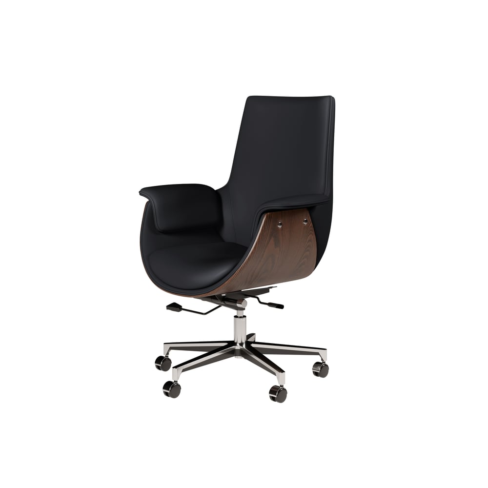 Black Leather Modern Home Office Chair Upholstered High Back Desk Chair Wood Grain Frame window image