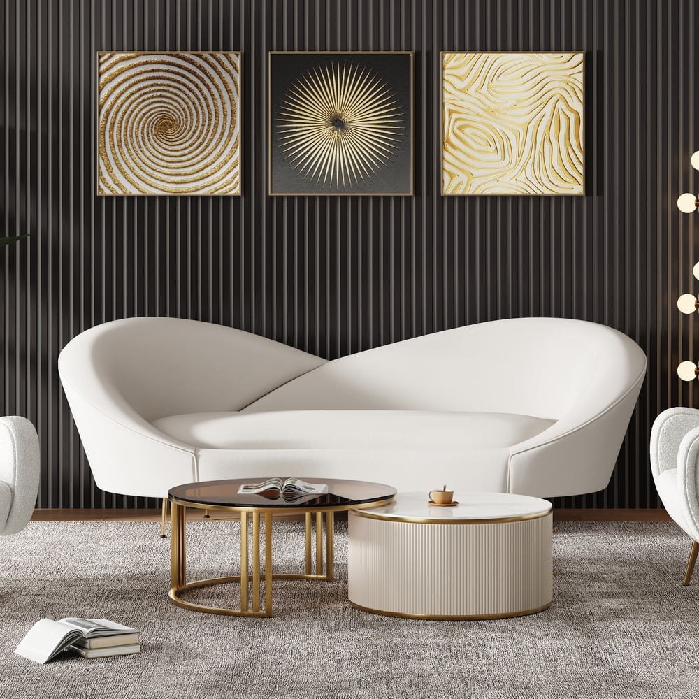 93" Modern White Velvet Upholstered Large 3-Seater Curved Sofa window image