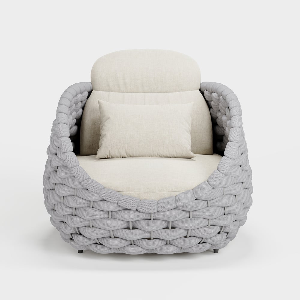 Chaise d'extérieur en corde tissée Fauteuil imperméable pour jardin et patio en gris clair avec coussin image de fenêtre