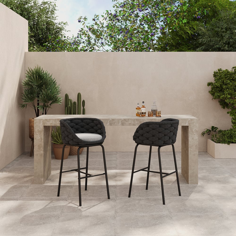 2 Pieces Outdoor Chair Patio Woven Rope & Aluminum 38" Bar Stools Set with Backs window image