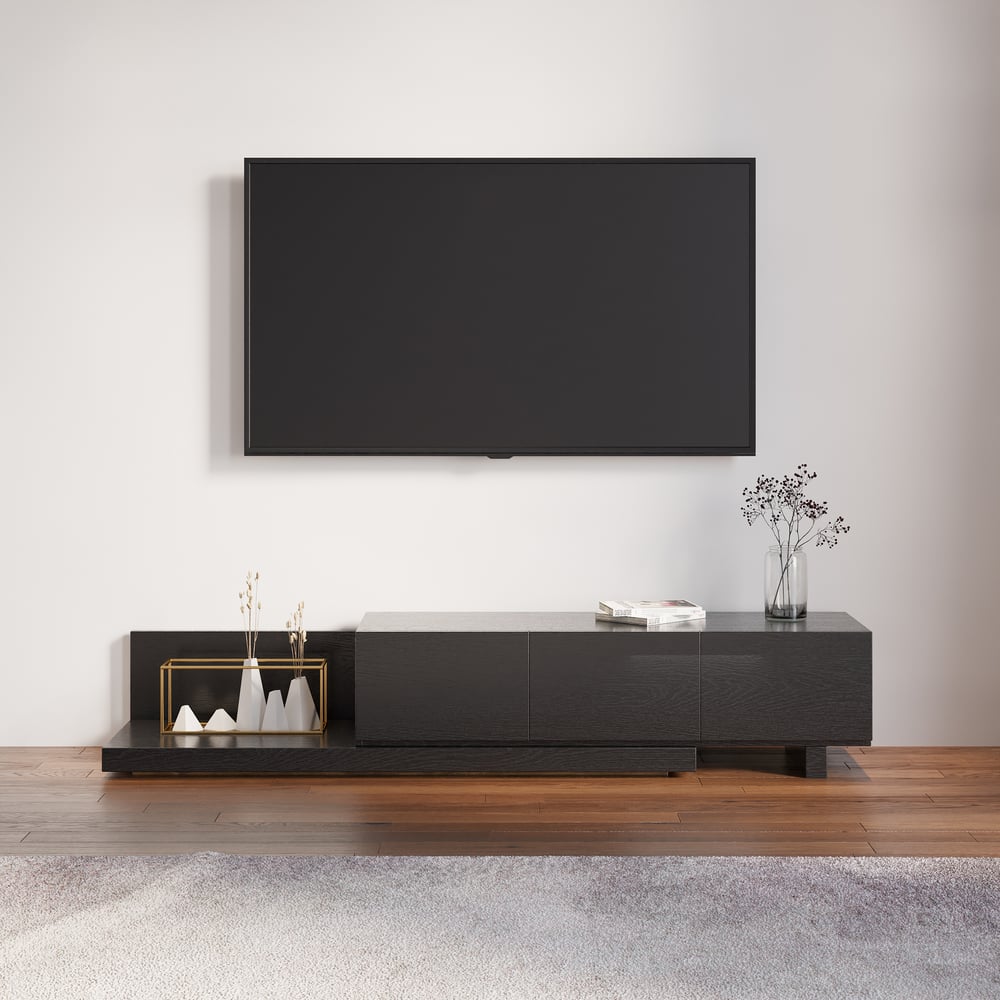 Extendable Floor Black TV Stand with 3 Drawers(47"-100") window image
