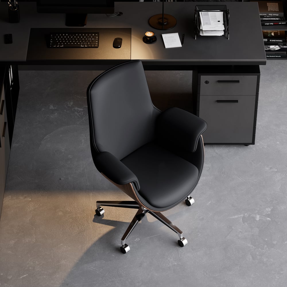 Black Leather Modern Home Office Chair Upholstered High Back Desk Chair Wood Grain Frame window image