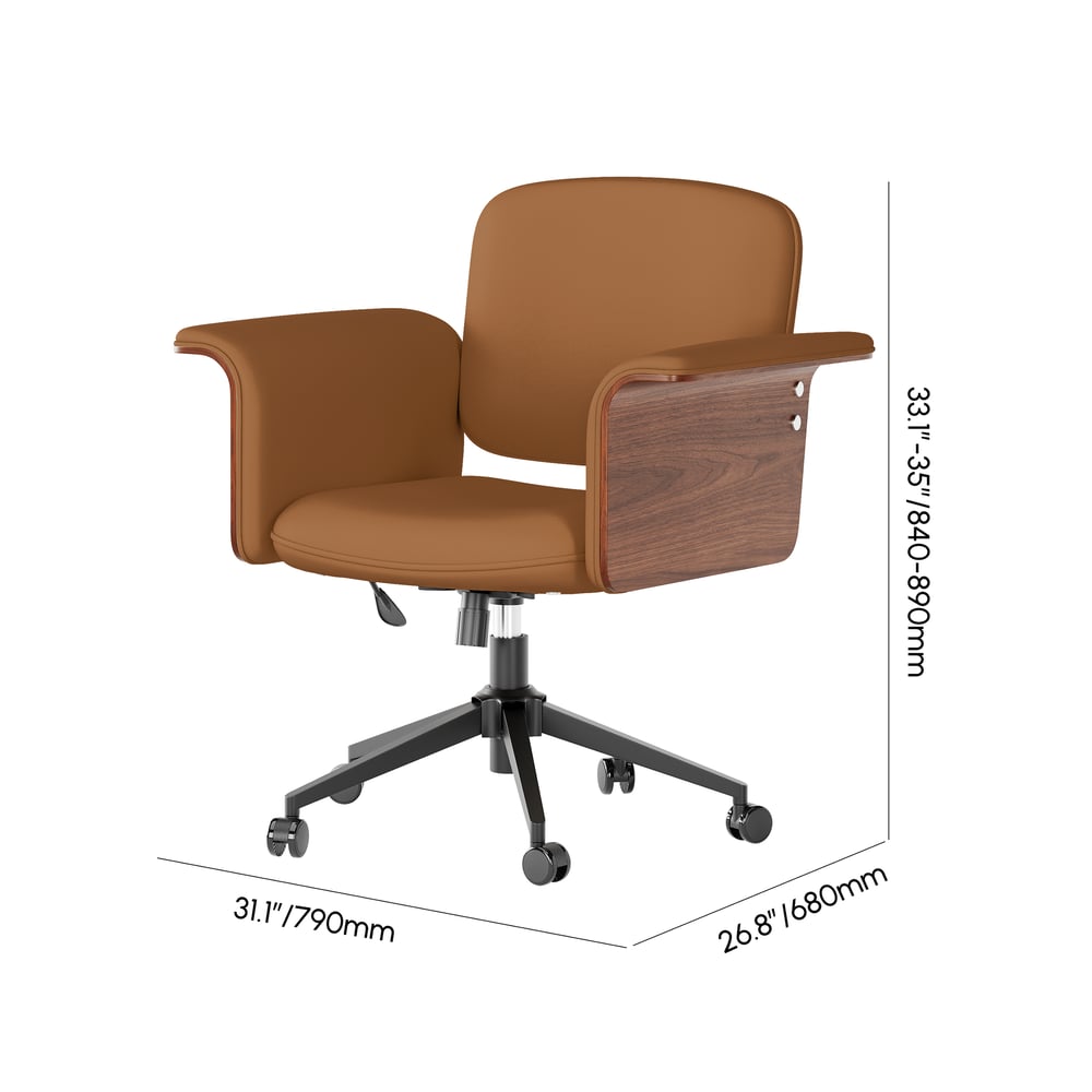 Wood & Faux Leather Office Chair - Ergonomic Adjustable Swivel (Brown) weights dimensions image