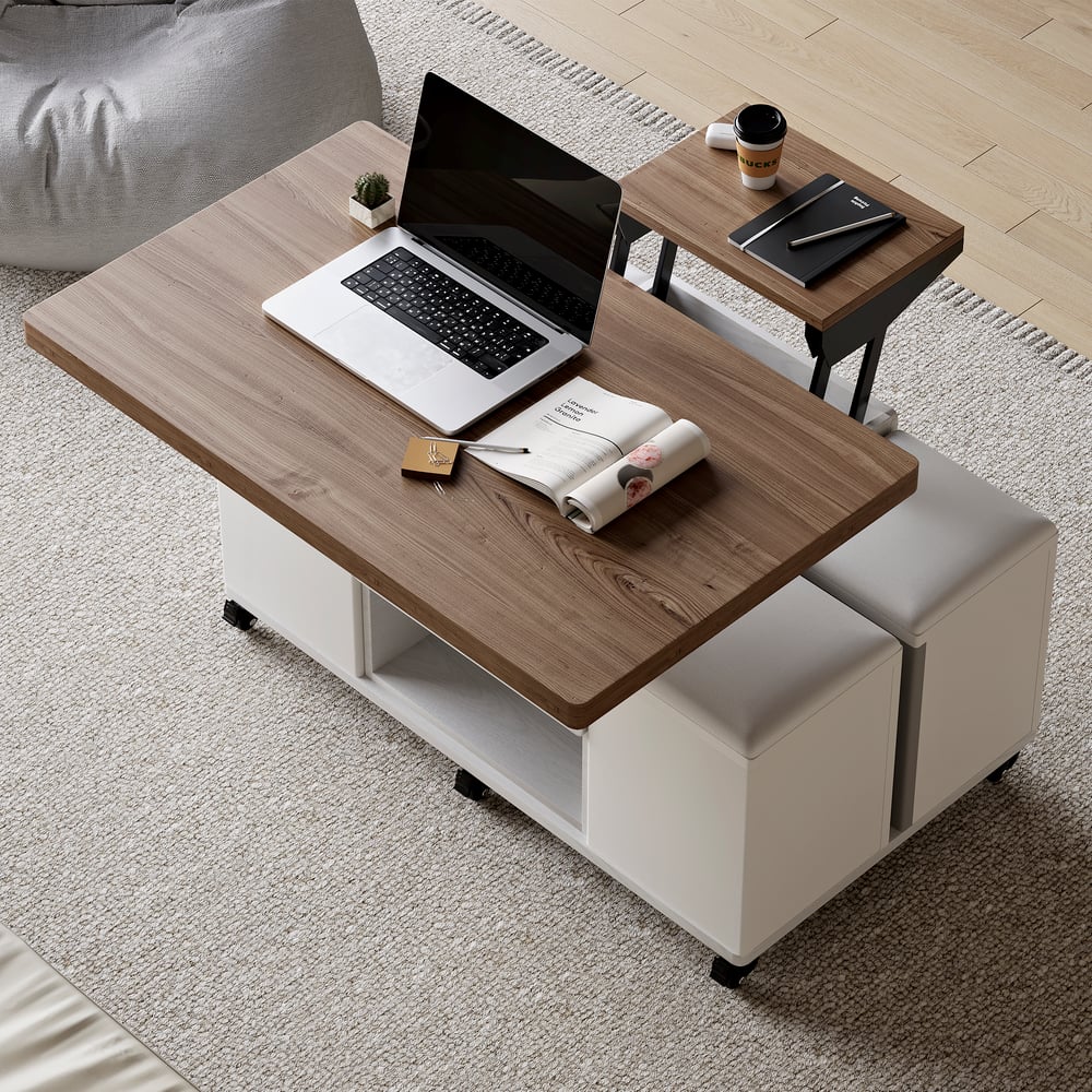 39" Lift-Top Foldable Walnut & White Coffee Table with 4 Stools & Storage window image