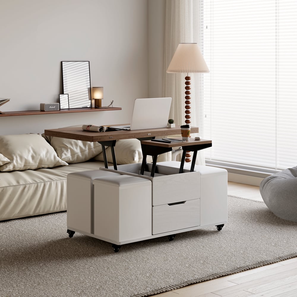 39" Lift-Top Foldable Walnut & White Coffee Table with 4 Stools & Storage window image