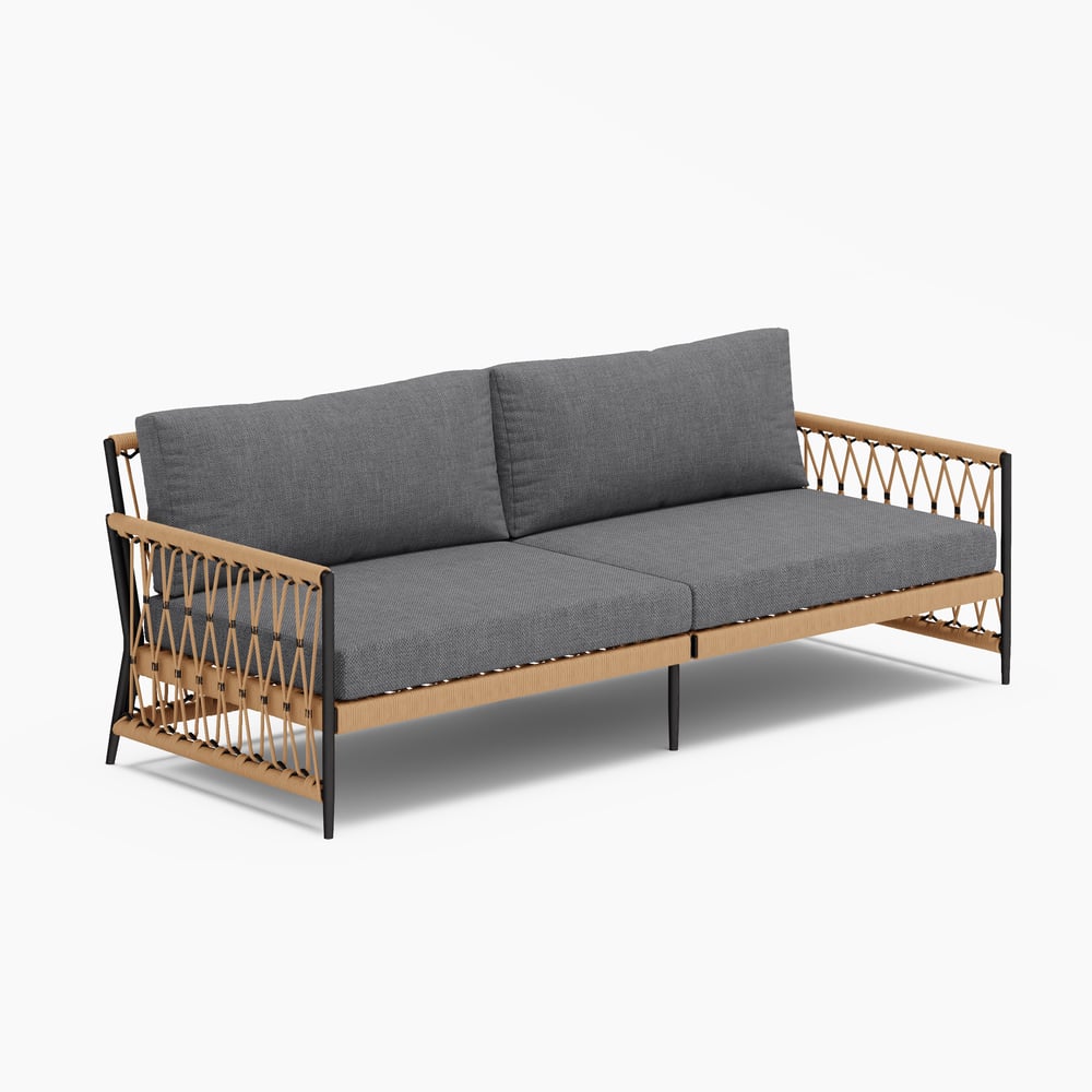 Ropipe Woven Rope Outdoor Sofa 3-Seater Sofa with Dark Gray Polyester Pillow Cushion window image