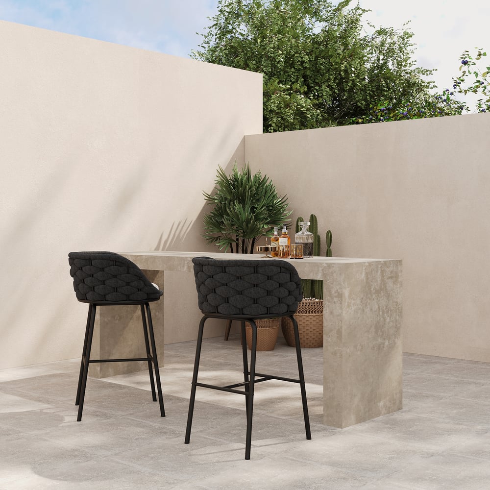 2 Pieces Outdoor Chair Patio Woven Rope & Aluminum 38" Bar Stools Set with Backs window image