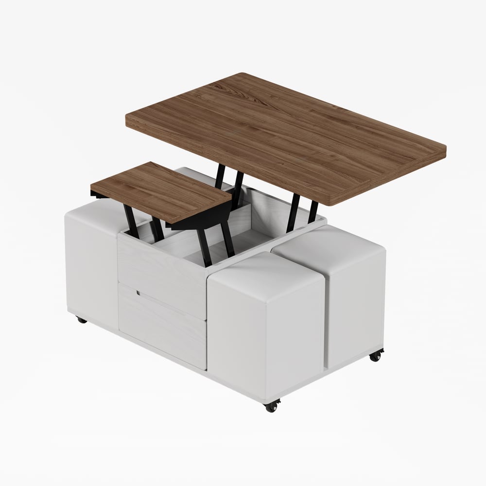 39" Lift-Top Foldable Walnut & White Coffee Table with 4 Stools & Storage window image