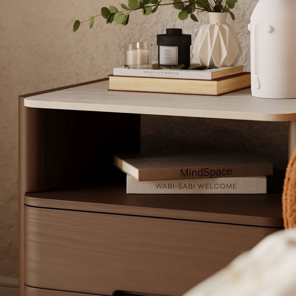 Modern Sintered Stone Top Nightstand with Drawers & Shelf window image