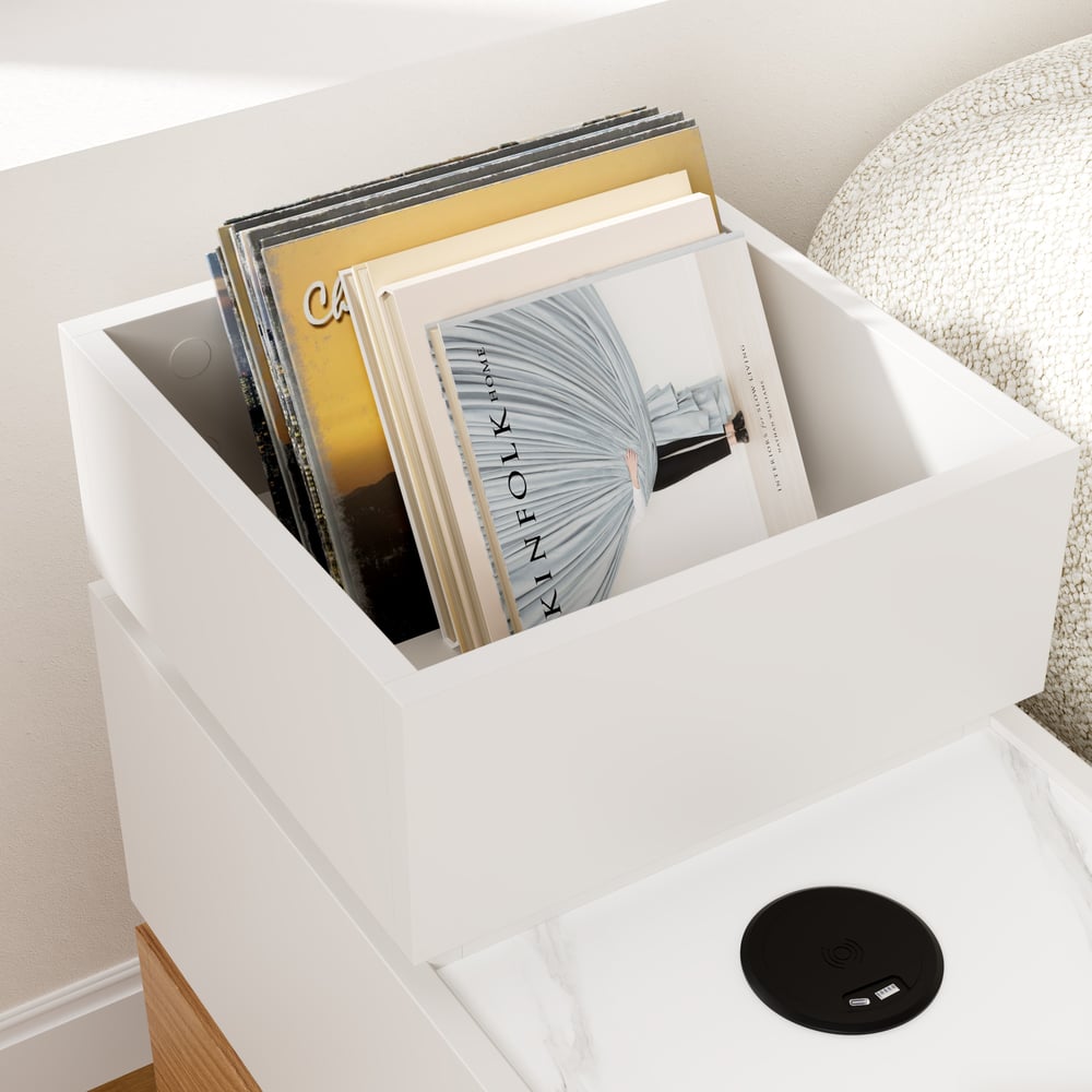 Table d'appoint intelligente étroite avec plateau en pierre frittée avec rangement image de fenêtre