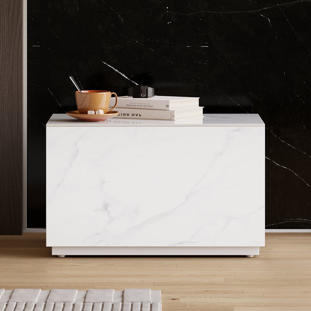 Mesita de noche de suelo de piedra sinterizada de 600 mm con cajón imagen de ventana