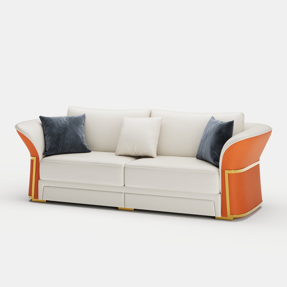 Divano da salotto moderno in pelle sintetica in bianco e arancione, set di 3 Immagine della finestra