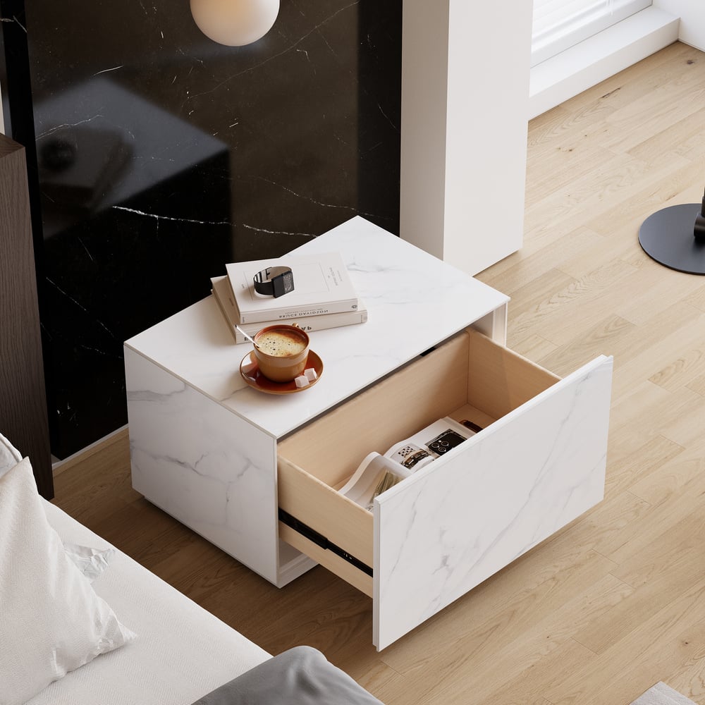 Mesita de noche de suelo de piedra sinterizada de 600 mm con cajón imagen de ventana