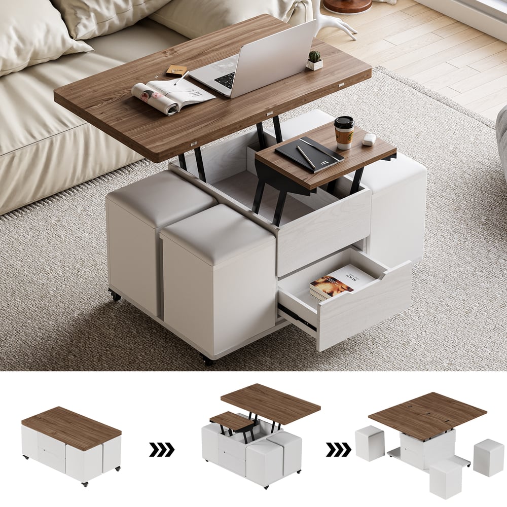 39" Lift-Top Foldable Walnut & White Coffee Table with 4 Stools & Storage window image