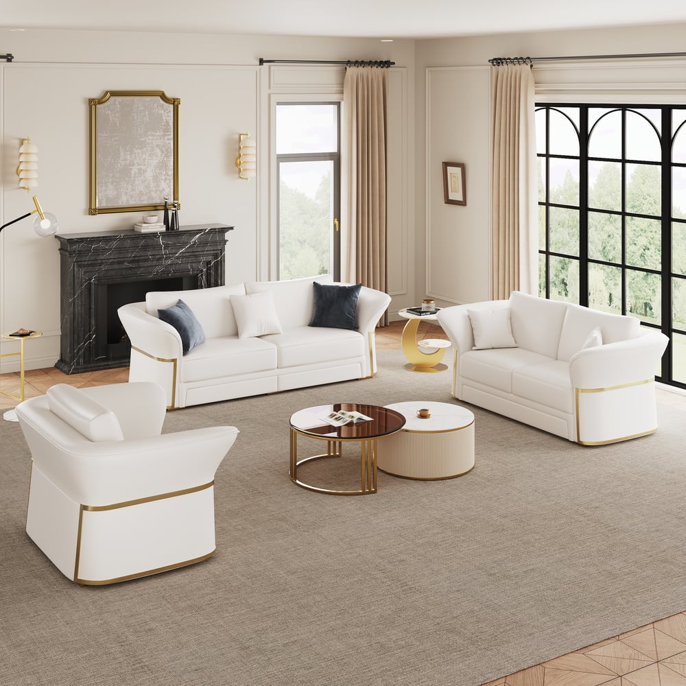 Modern Faux Leather Living Room Sofa Set in White Set of 3 window image