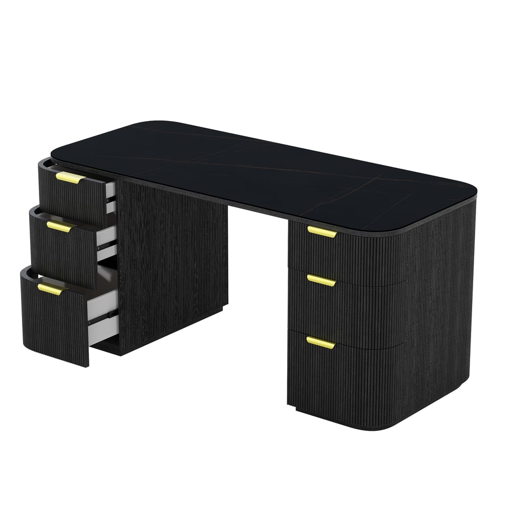 Bureau rectangulaire moderne en bois noir et pierre frittée noire mate avec 6 tiroirs (1620 mm) image de fenêtre