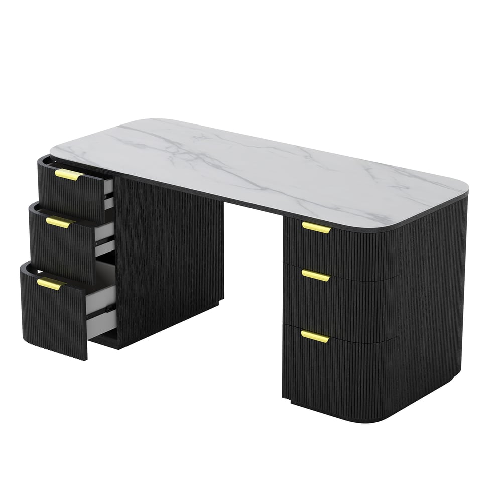 Moderner rechteckiger Schreibtisch aus schwarzem Holz und glänzendem weißem Sinterstein mit 6 Schubladen (1620 mm) Schaufensterbilder