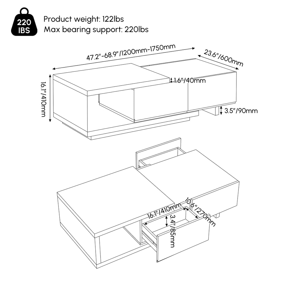 1200mm-1750mm Quoint Walnut Extendable Coffee Table with 2 Drawers weights dimensions image