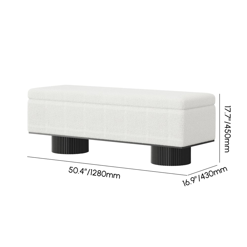 Banc de rangement en bois à rabat en fausse fourrure duveteuse en tissu Teddy Poids, dimensions, image