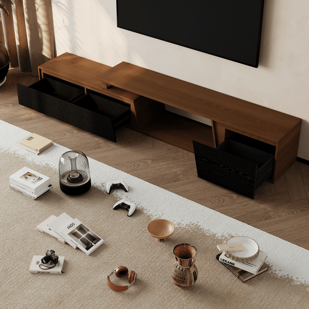 Fero Black & WalnutReversible Extendable TV Stand with 3 Drawers(71"-120") window image