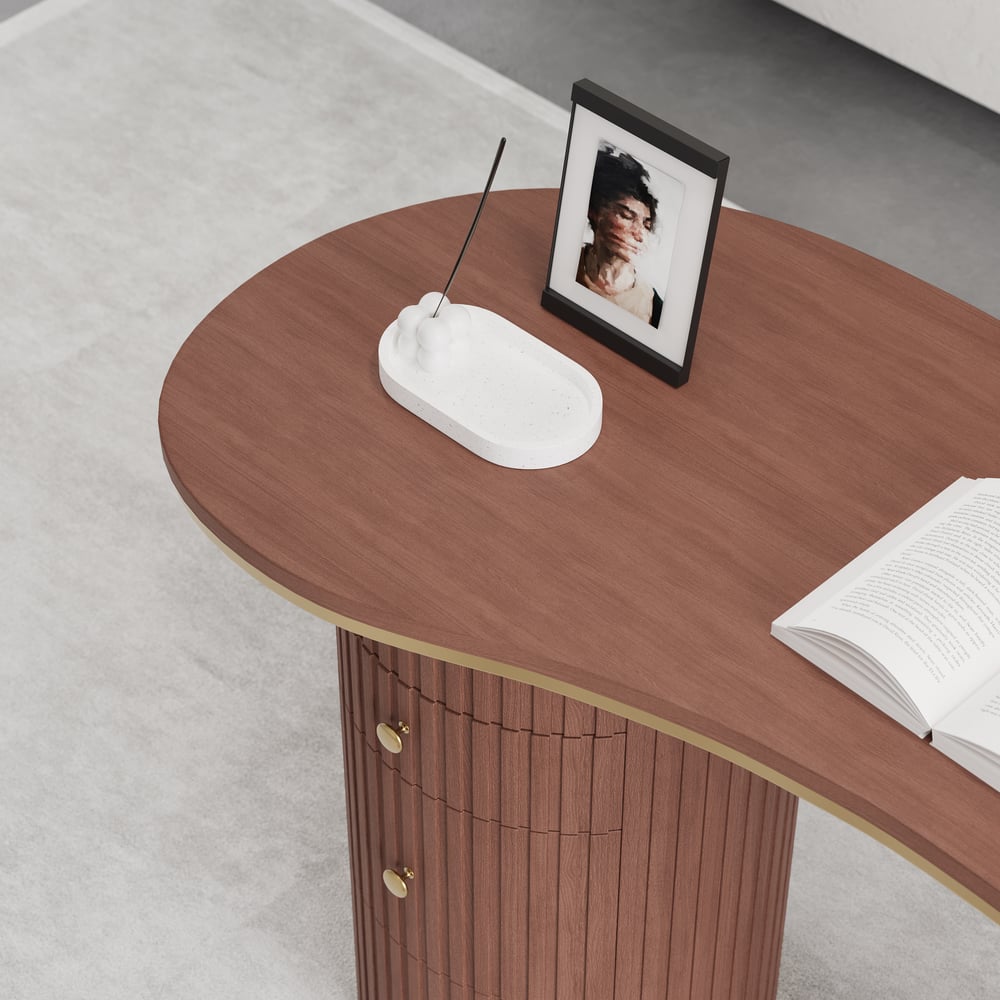 Bureau incurvé moderne en noyer de 1400 mm, 3 tiroirs, bureau à domicile en bois, double piédestal image de fenêtre