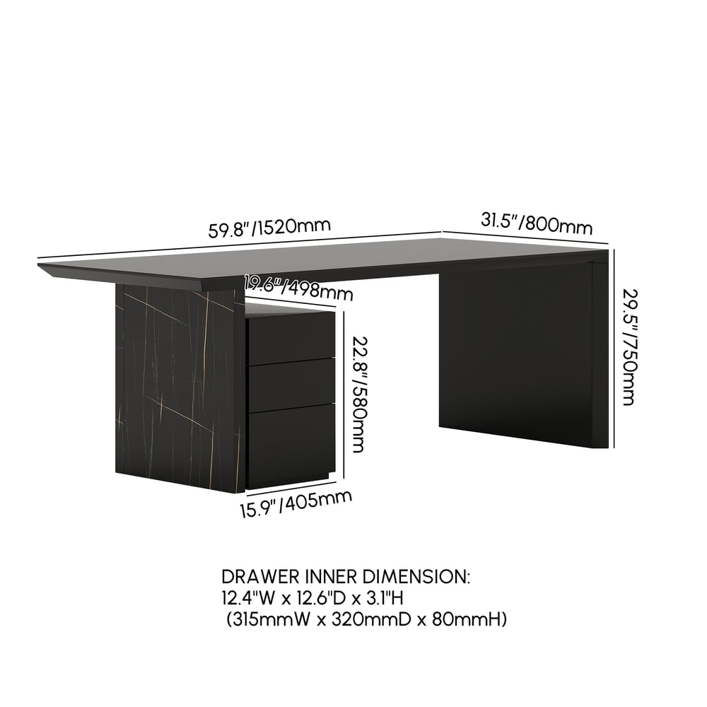 Modern Glossy Black Home Office Desk with Movable File Cabinet (1520mm) weights dimensions image
