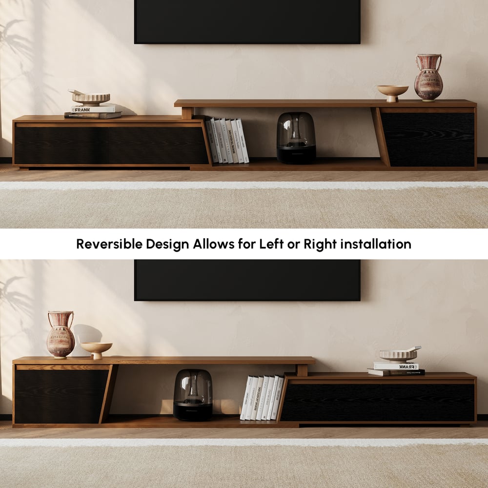 Fero Black & WalnutReversible Extendable TV Stand with 3 Drawers(71"-120") window image